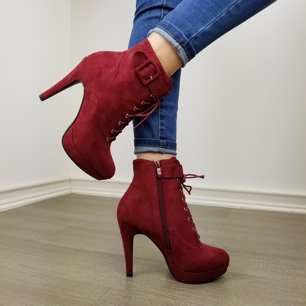 Faux Suede Heel Lace-Up Ankle Booties - Picture 4 of 8